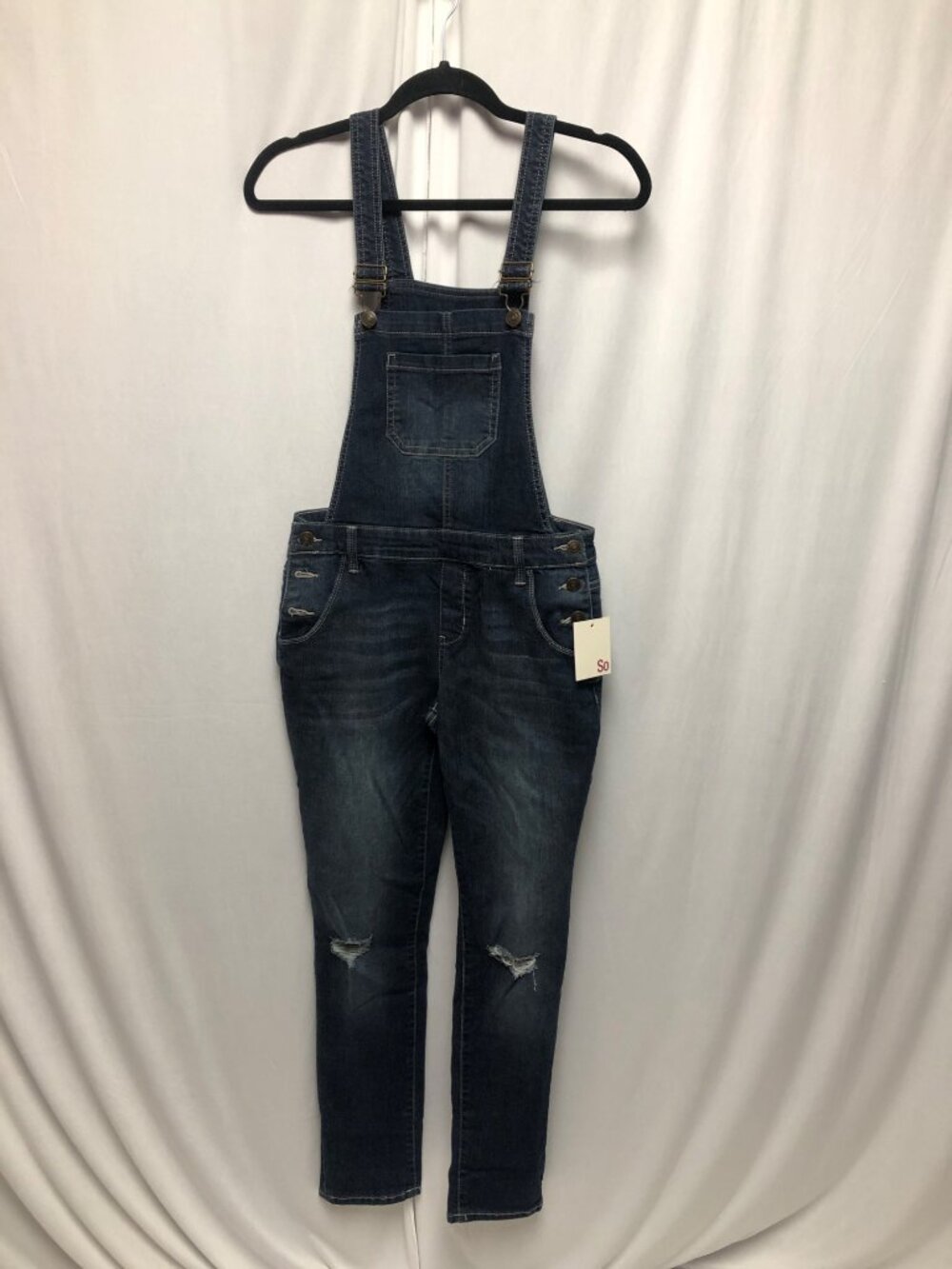 SO Jean Bib Overalls Girls 16 Blue Denim Distressed Adjustable Strap Stretch NEW